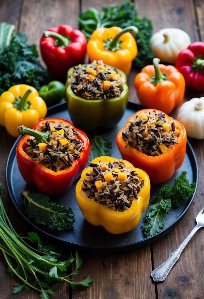 A rustic wooden table set with colorful bell peppers stuffed with wild rice and kale, surrounded by winter vegetables and herbs