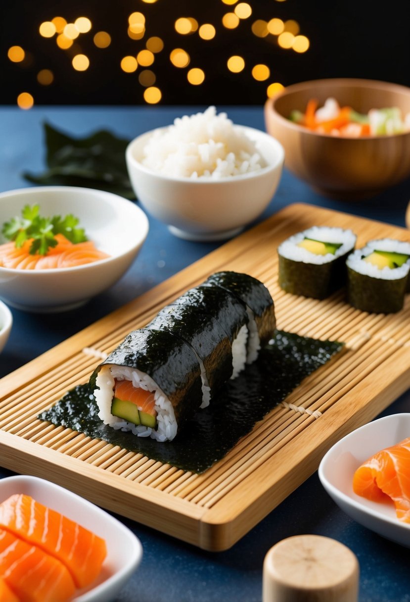 A wooden sushi rolling mat surrounded by various ingredients like rice, nori sheets, and fresh fish