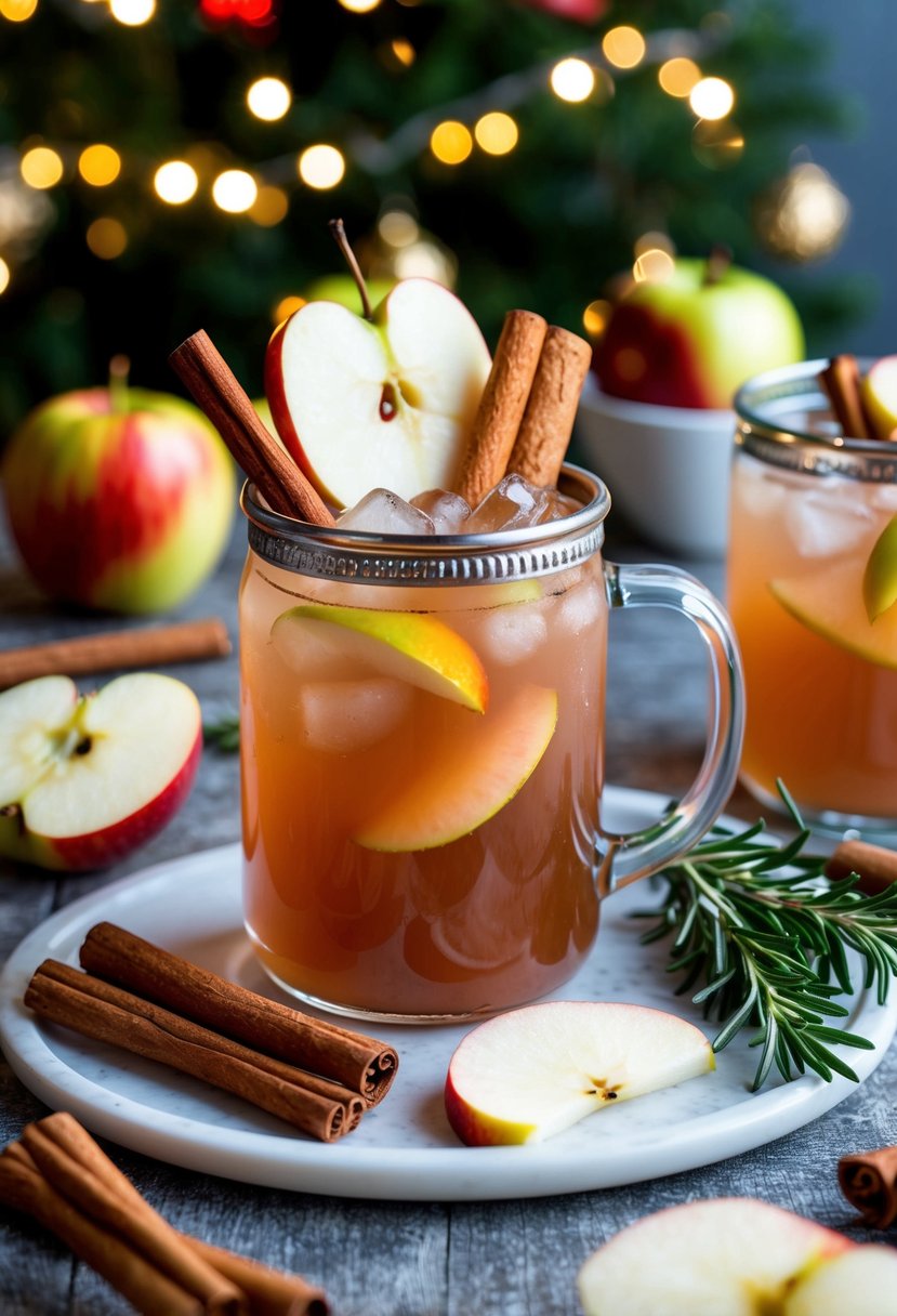 A festive holiday table with a Spiced Apple Mule drink surrounded by cinnamon sticks, fresh apple slices, and a sprig of rosemary