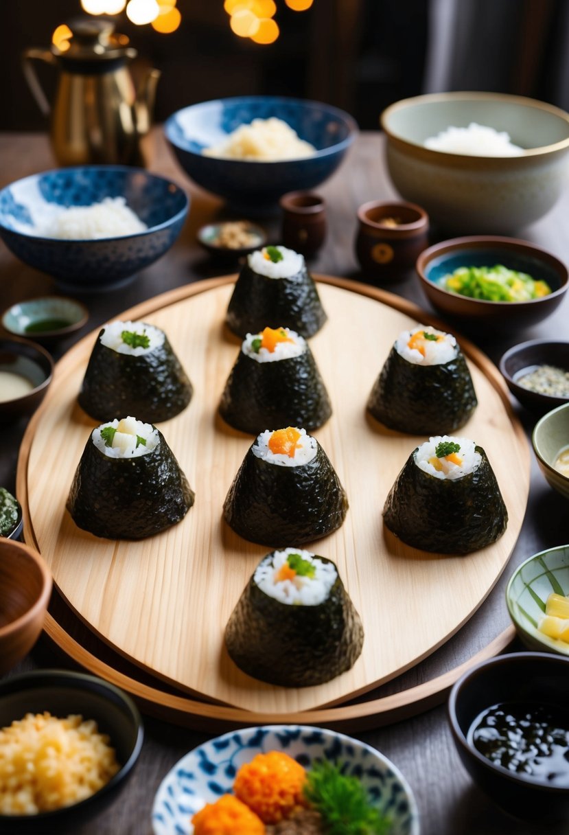 A table set with various onigiri, nori, and fillings, surrounded by traditional Japanese cooking utensils and ingredients