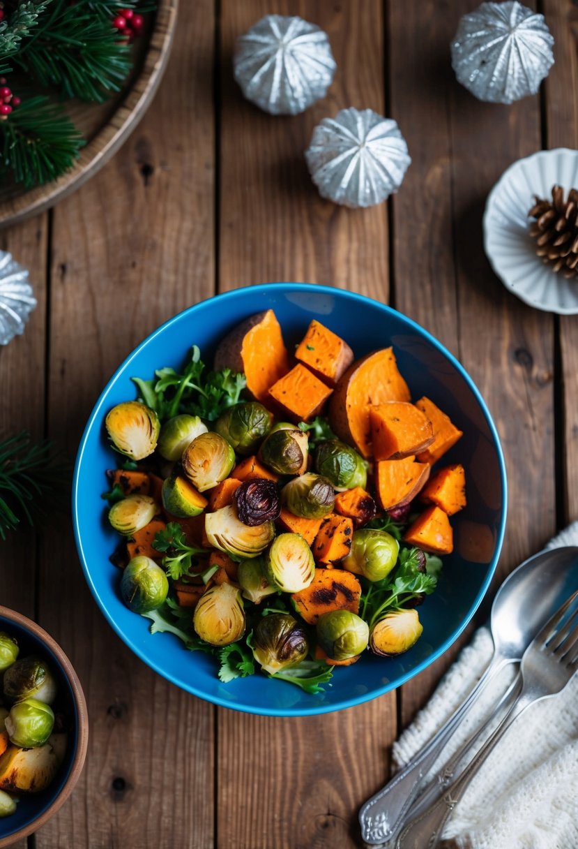 A rustic wooden table set with a colorful salad bowl filled with roasted Brussels sprouts, sweet potatoes, and vibrant greens, surrounded by winter-themed decor