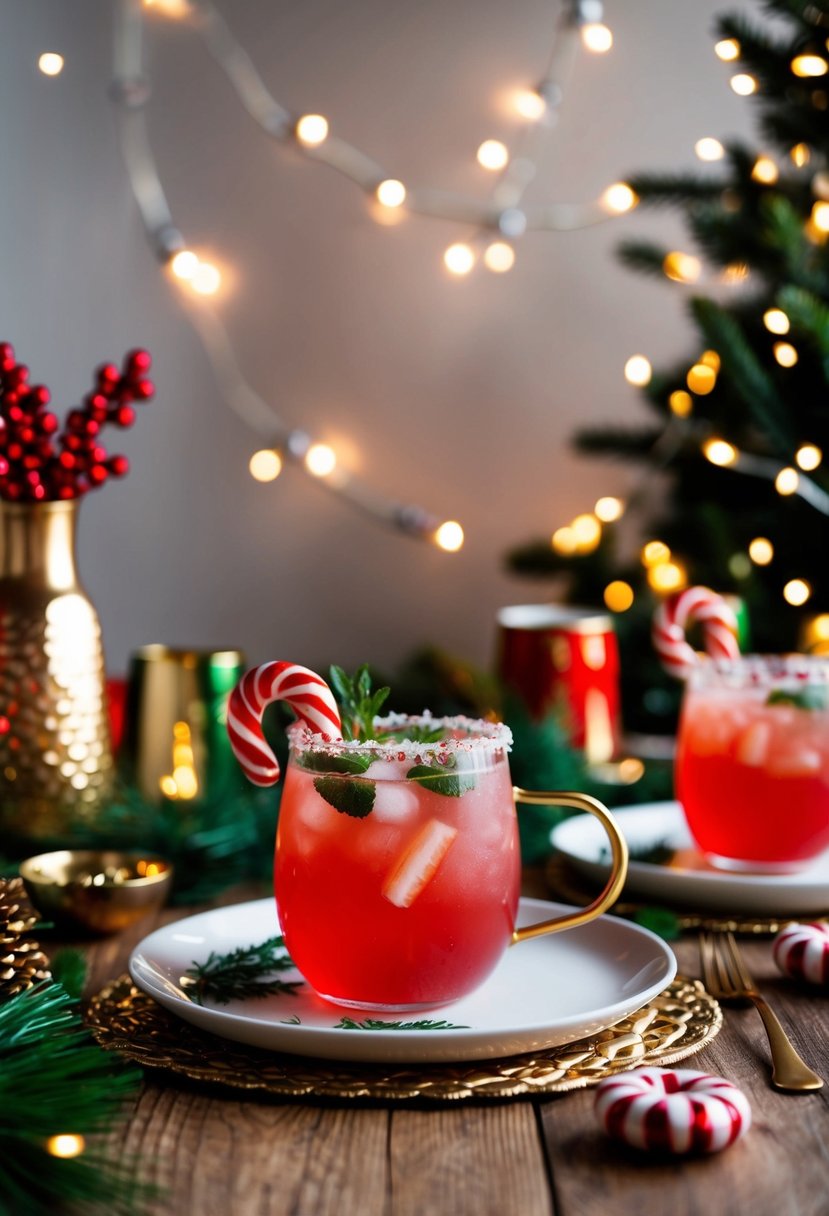 A festive table with a peppermint mule cocktail, surrounded by holiday decorations and twinkling lights