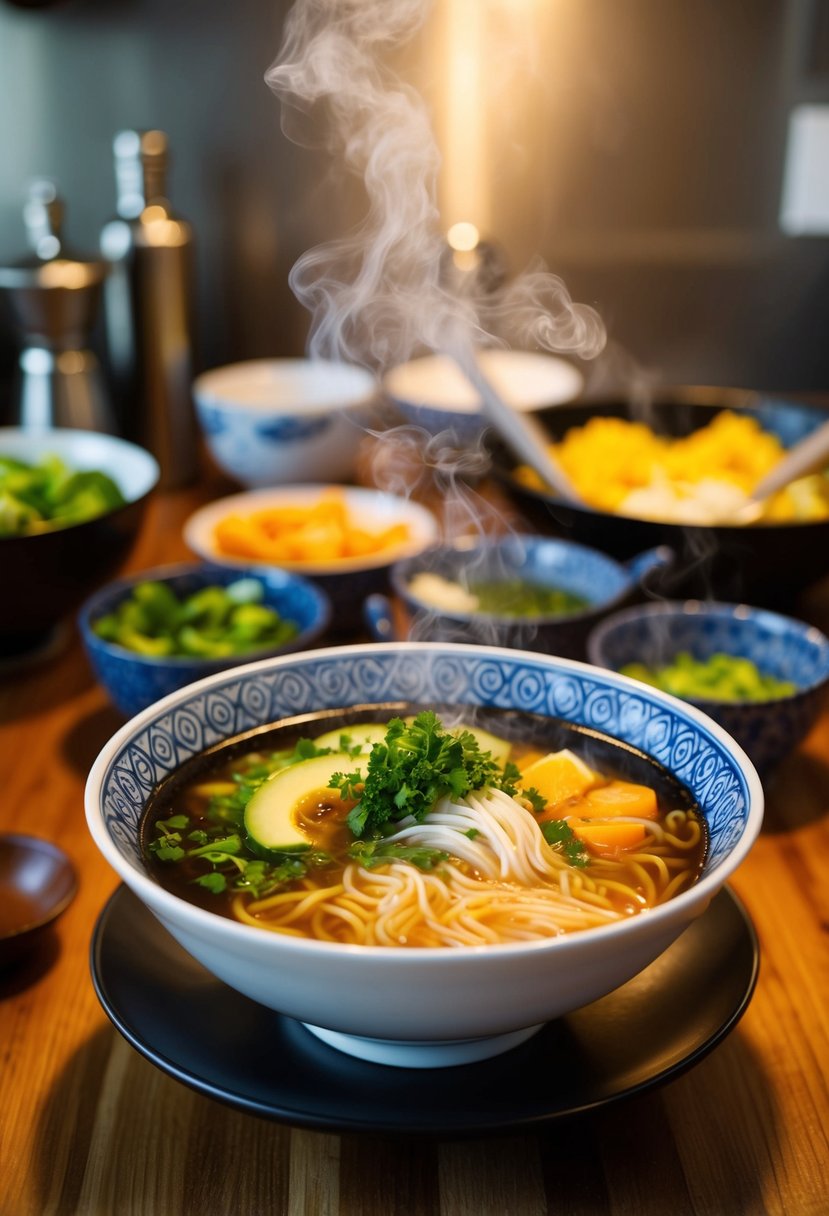 A steaming bowl of traditional ramen surrounded by fresh ingredients and cooking utensils on a wooden kitchen counter