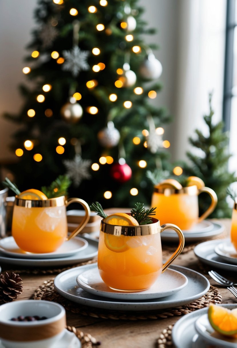 A cozy winter scene with a festive table set with citrus mule drinks, surrounded by holiday decorations and twinkling lights