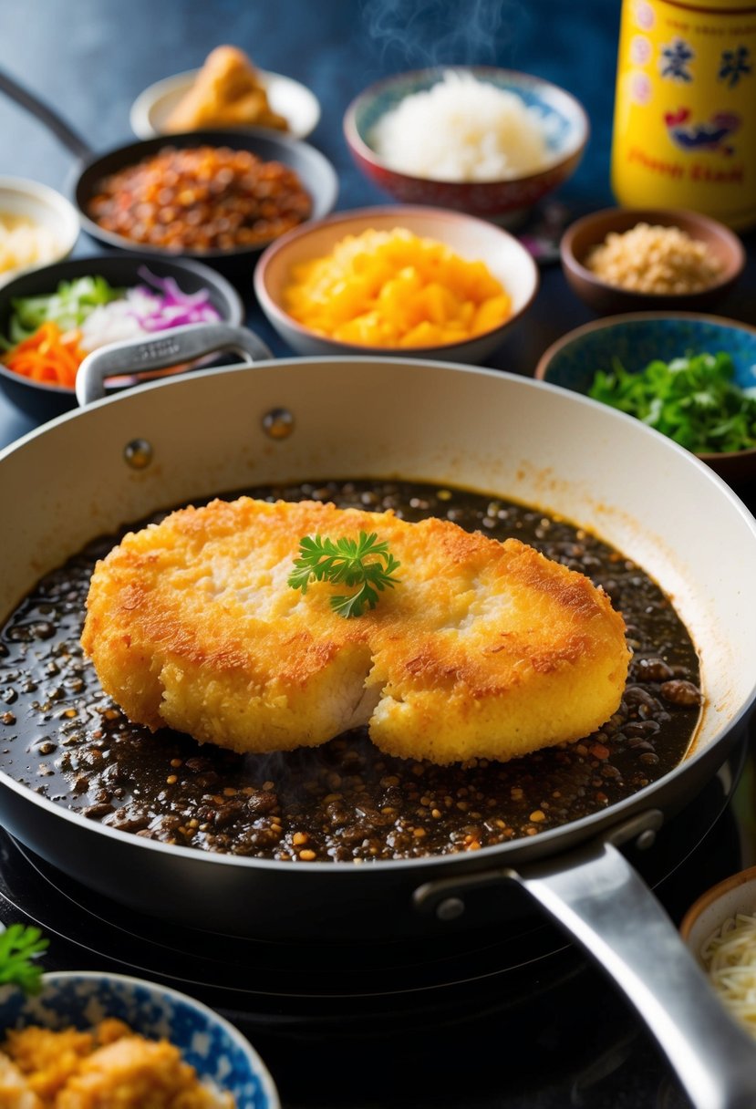 A golden-brown chicken katsu cutlet sizzling in a hot skillet, surrounded by a variety of colorful ingredients and cooking utensils