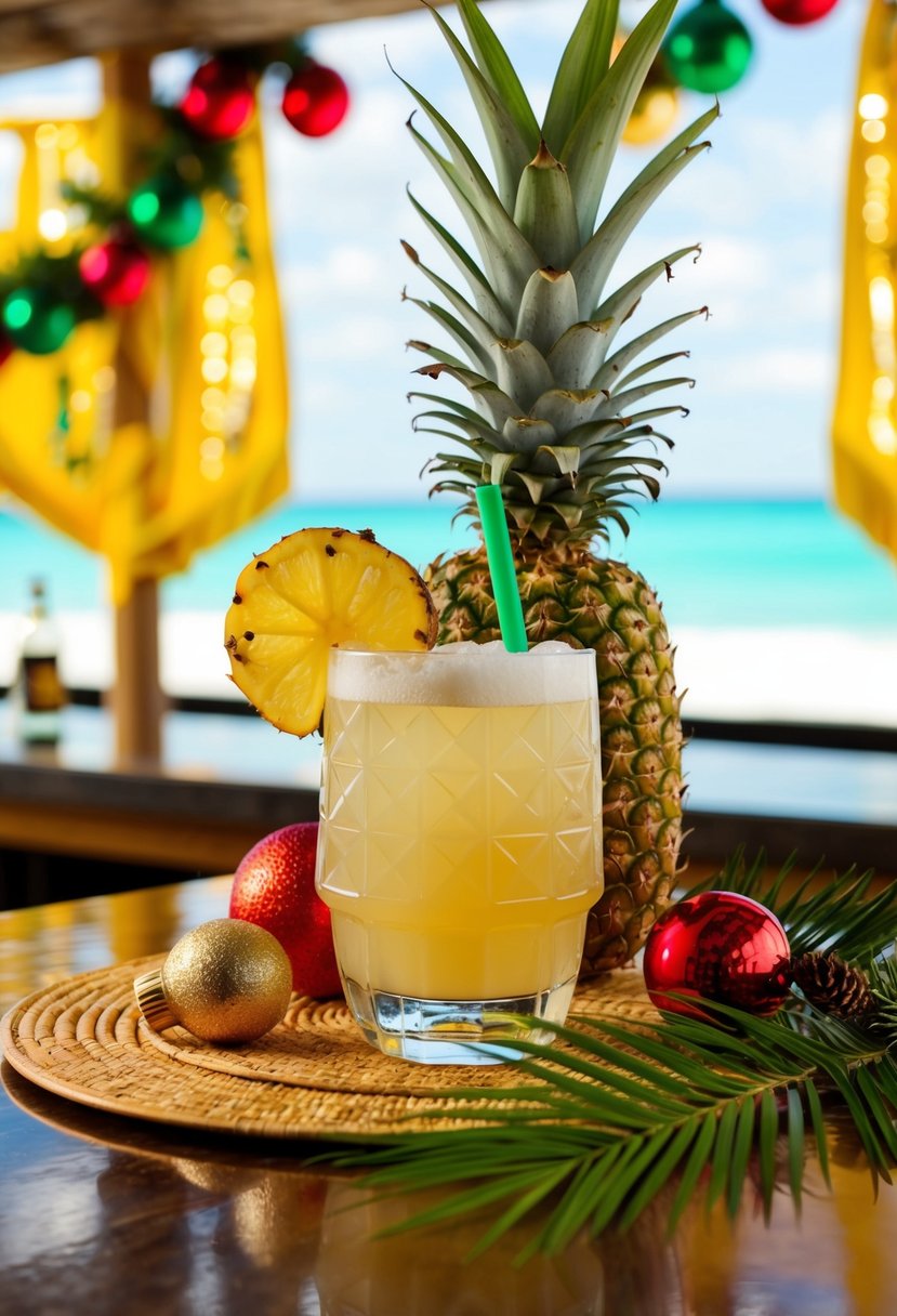 A tropical beach bar setting with a pineapple coconut mule drink surrounded by festive holiday decorations