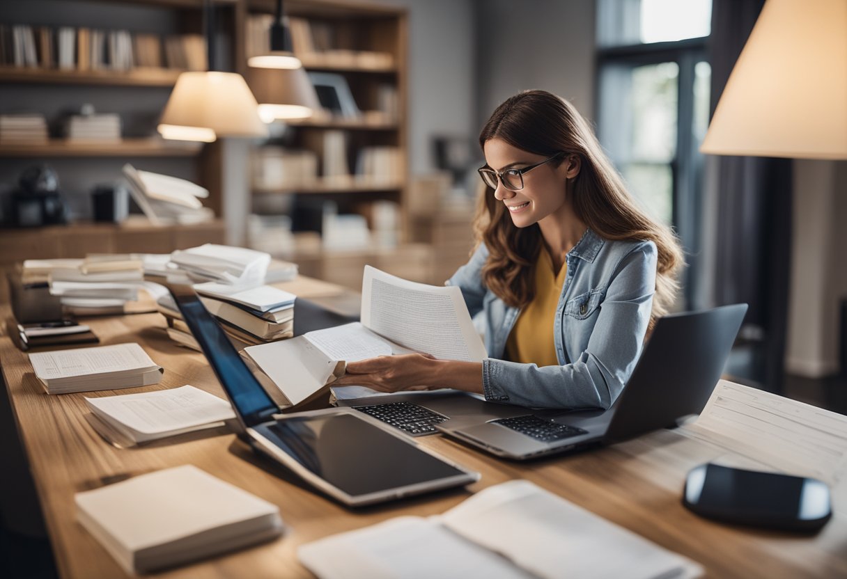 A person researching real estate and credit, with a laptop open to financial websites, surrounded by books and notes