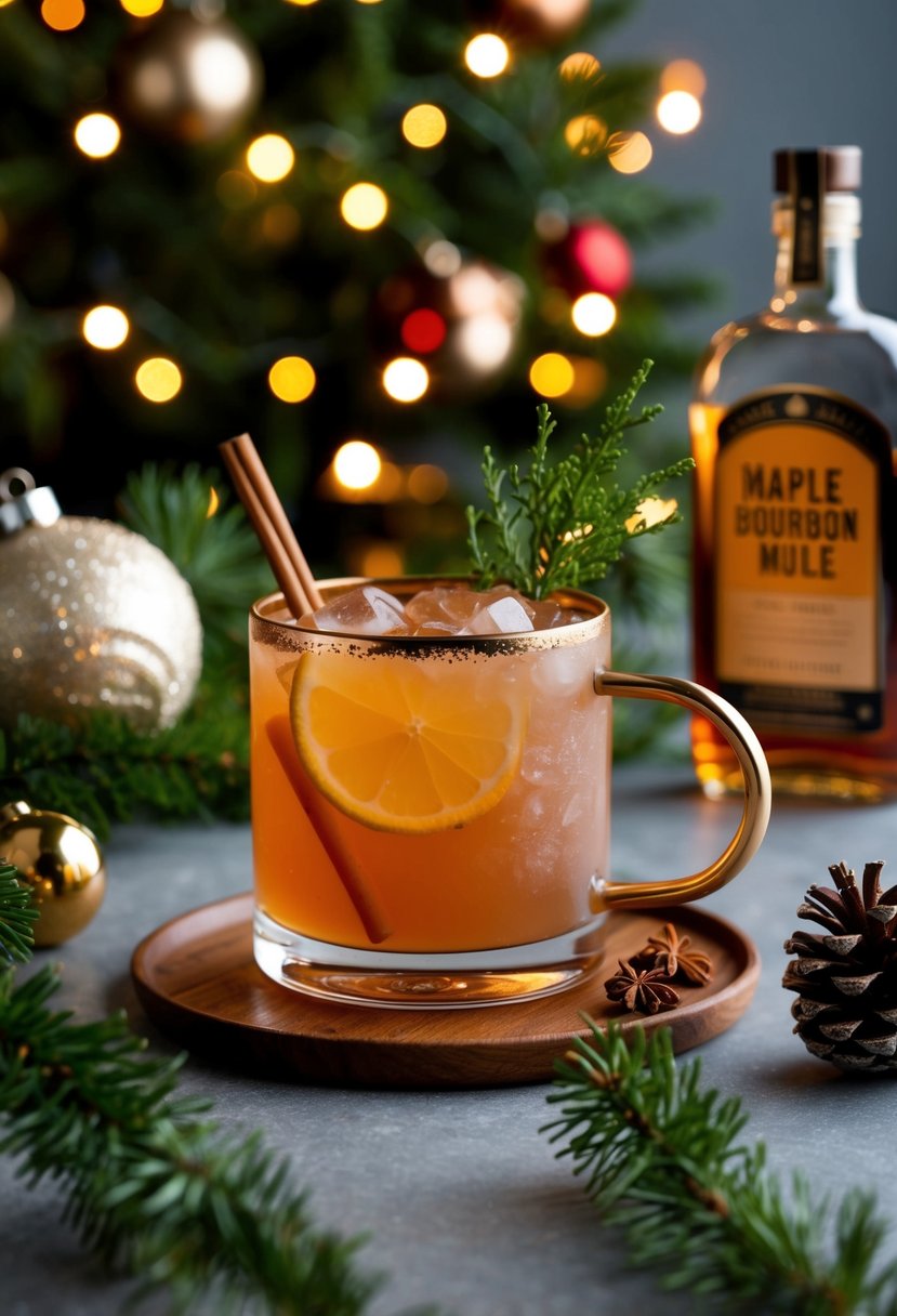 A festive holiday scene with a Maple Bourbon Mule cocktail surrounded by seasonal decorations and twinkling lights