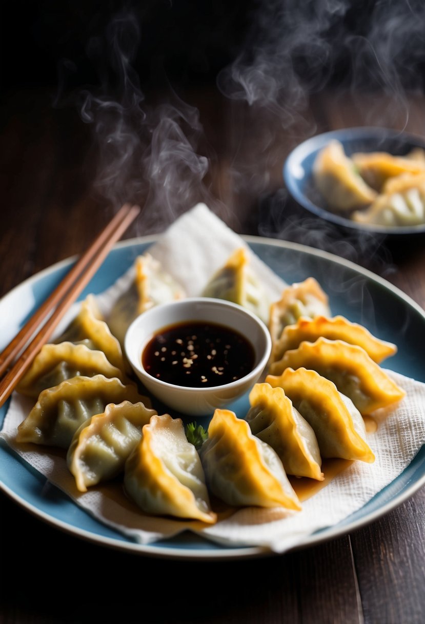 A steaming plate of gyoza arranged around a small dish of dipping sauce, with a pair of chopsticks resting on a napkin