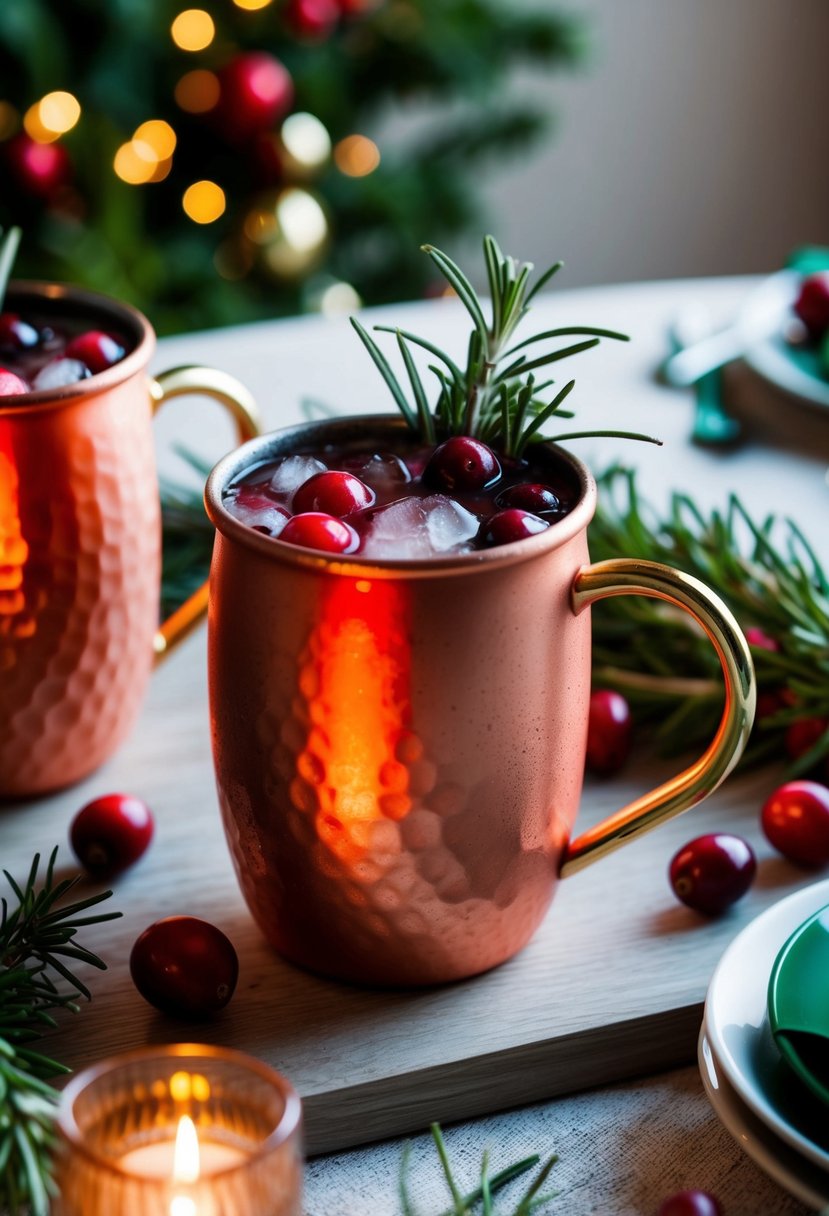 A festive holiday table with a copper mug filled with a vibrant red cranberry mule cocktail, garnished with fresh cranberries and a sprig of rosemary