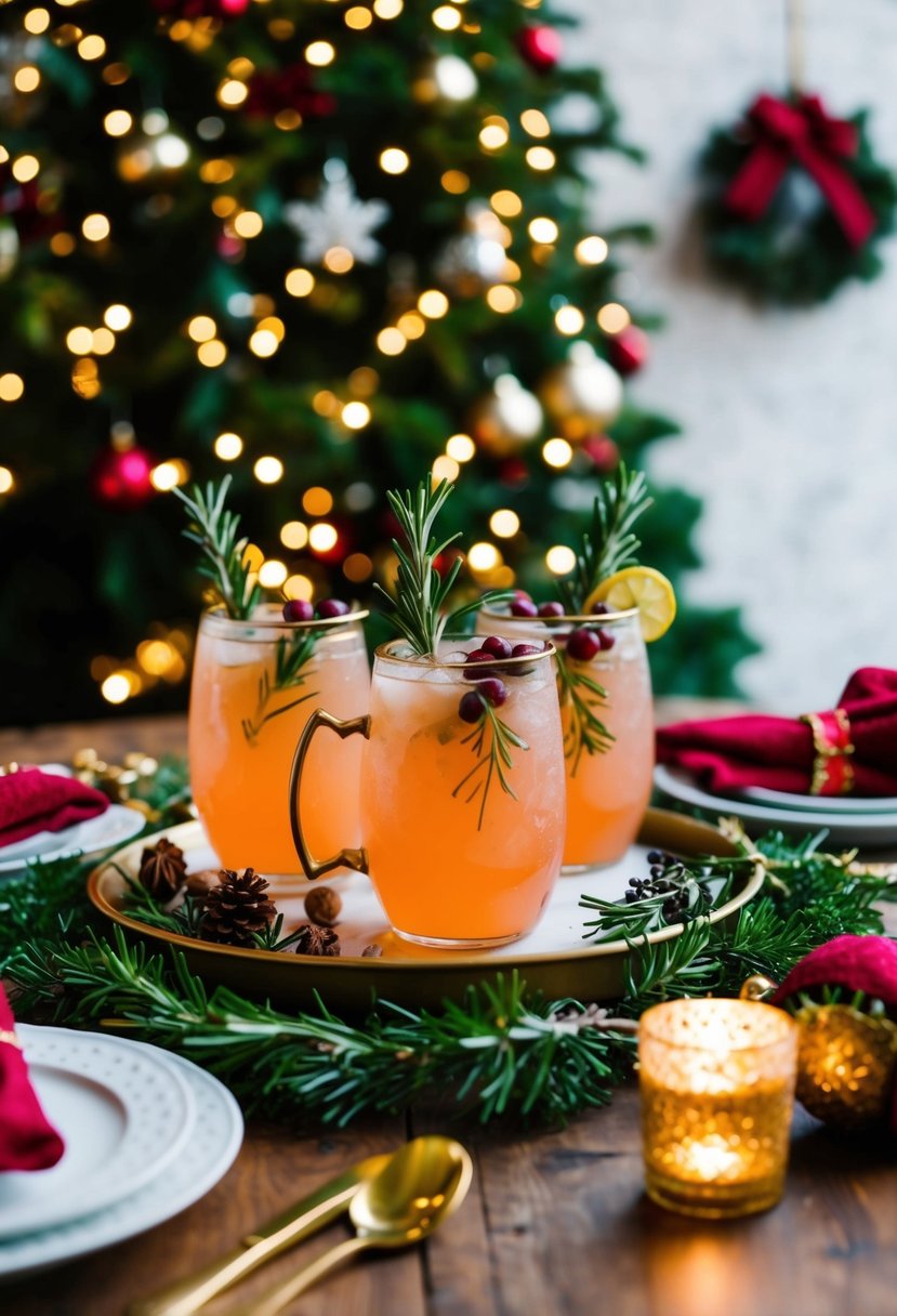 A festive holiday table with a tray of Rosemary Mule drinks surrounded by twinkling lights and seasonal decorations