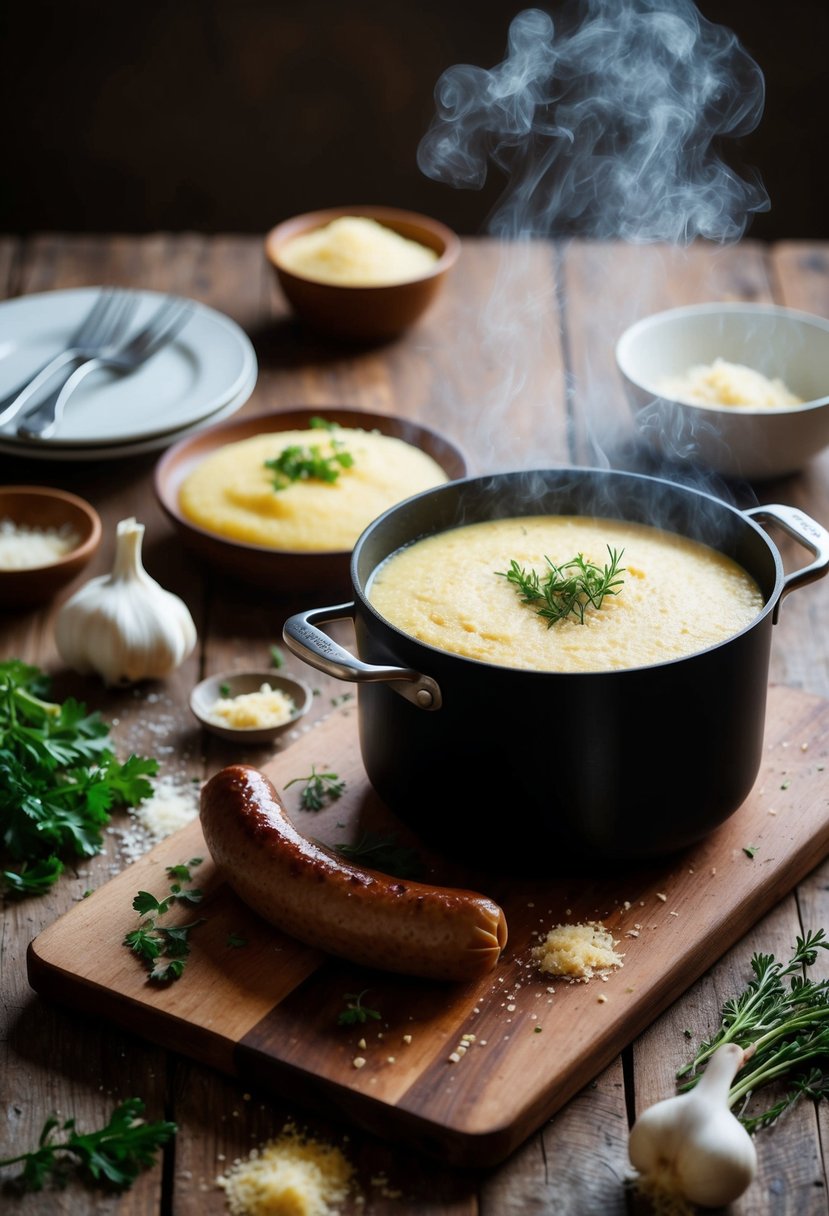 A rustic kitchen scene with a steaming pot of polenta and sizzling sausages on a wooden cutting board. Ingredients like garlic, herbs, and parmesan are scattered around