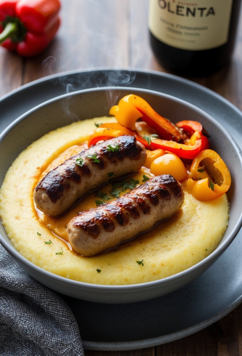 A steaming bowl of creamy polenta topped with grilled Italian sausage and sautéed peppers