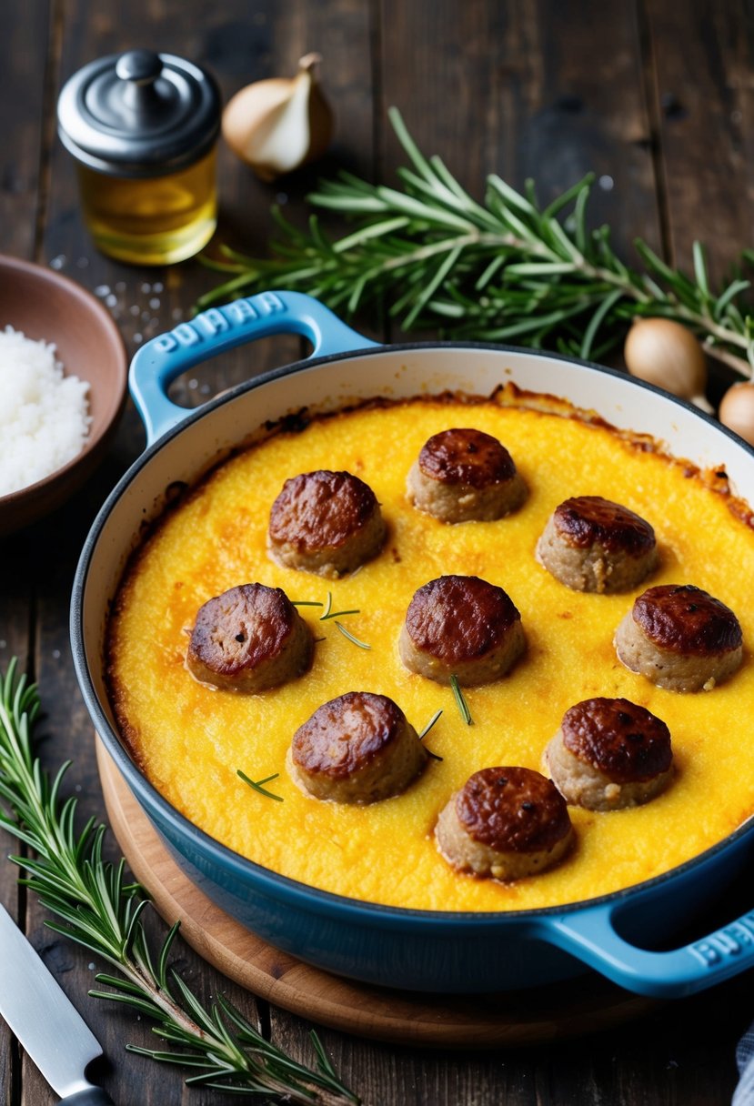 A rustic kitchen scene with a bubbling casserole dish of polenta sausage bake, surrounded by fresh rosemary and ingredients