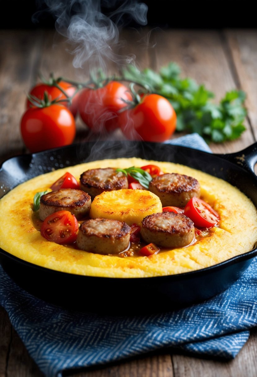 A sizzling skillet holds spicy polenta, sausage, and tomatoes, with steam rising and a golden crust forming on the polenta