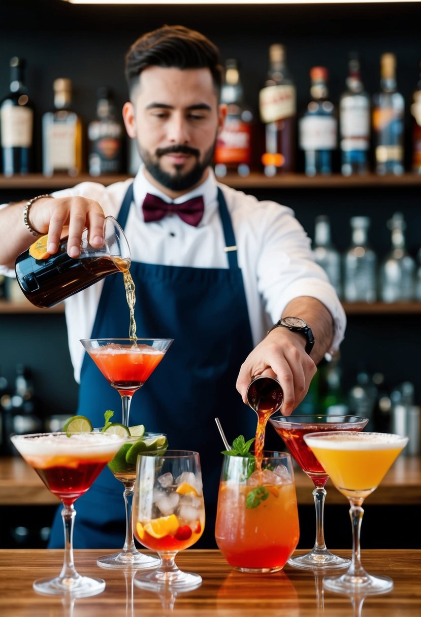 A bartender mixing and pouring various colorful cocktails into elegant glasses