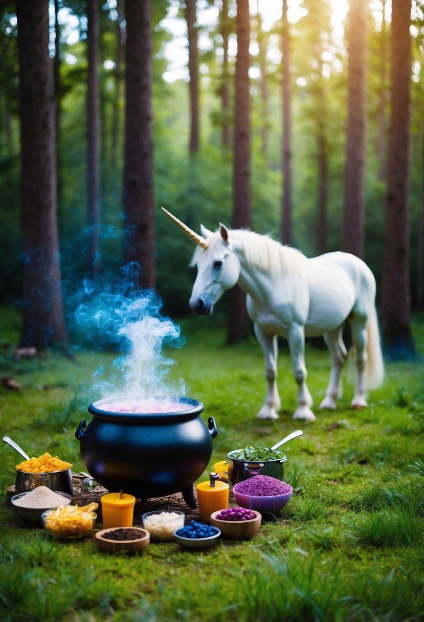 A magical forest glade with a bubbling cauldron surrounded by colorful ingredients and a unicorn grazing peacefully nearby