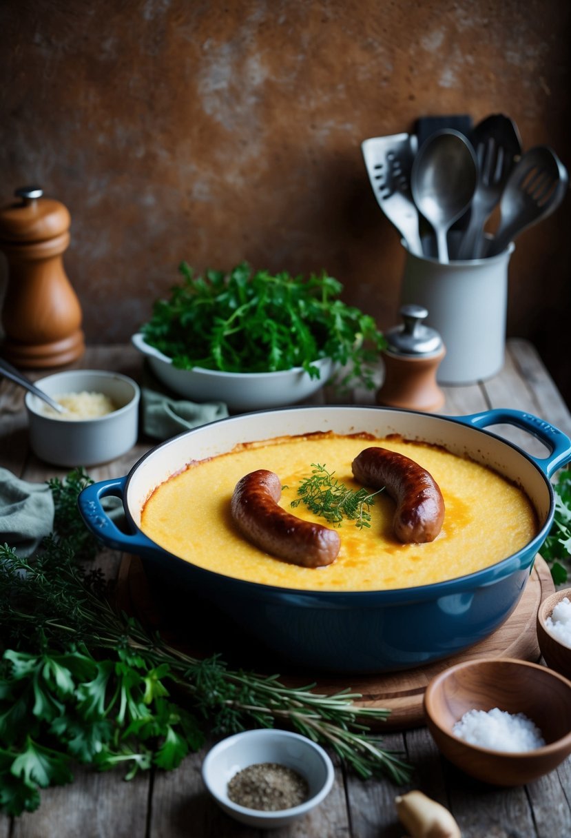 A rustic kitchen with a bubbling casserole dish of polenta and sausage, surrounded by fresh herbs and cooking utensils