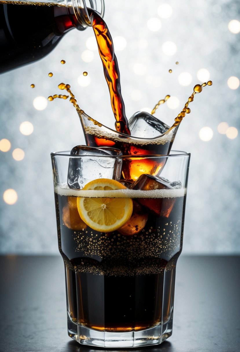 A glass filled with ice, poured with dark soda and topped with a splash of flavored syrup, fizzing and bubbling over