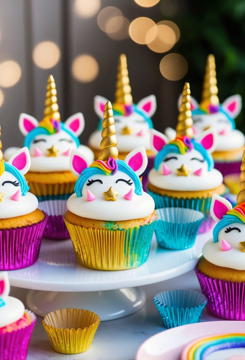 A table filled with colorful, sparkling cupcakes topped with edible unicorn horns, ears, and rainbow mane decorations