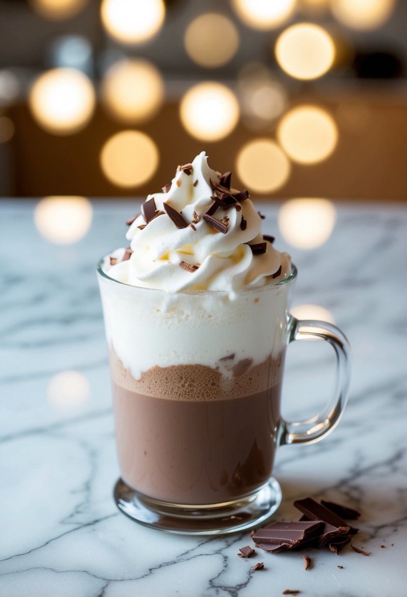 A glass filled with frozen hot chocolate, topped with whipped cream and chocolate shavings, sits on a marble countertop