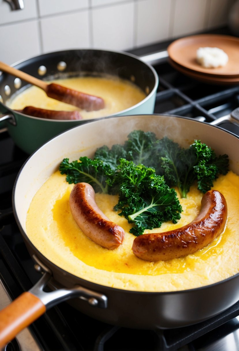 A rustic kitchen scene with a bubbling pot of creamy polenta, sizzling sausage, and vibrant green kale being cooked on a stovetop