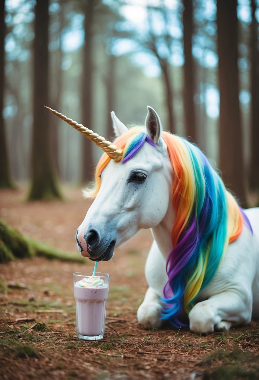 A unicorn with a flowing rainbow mane sips a milkshake in a magical forest clearing