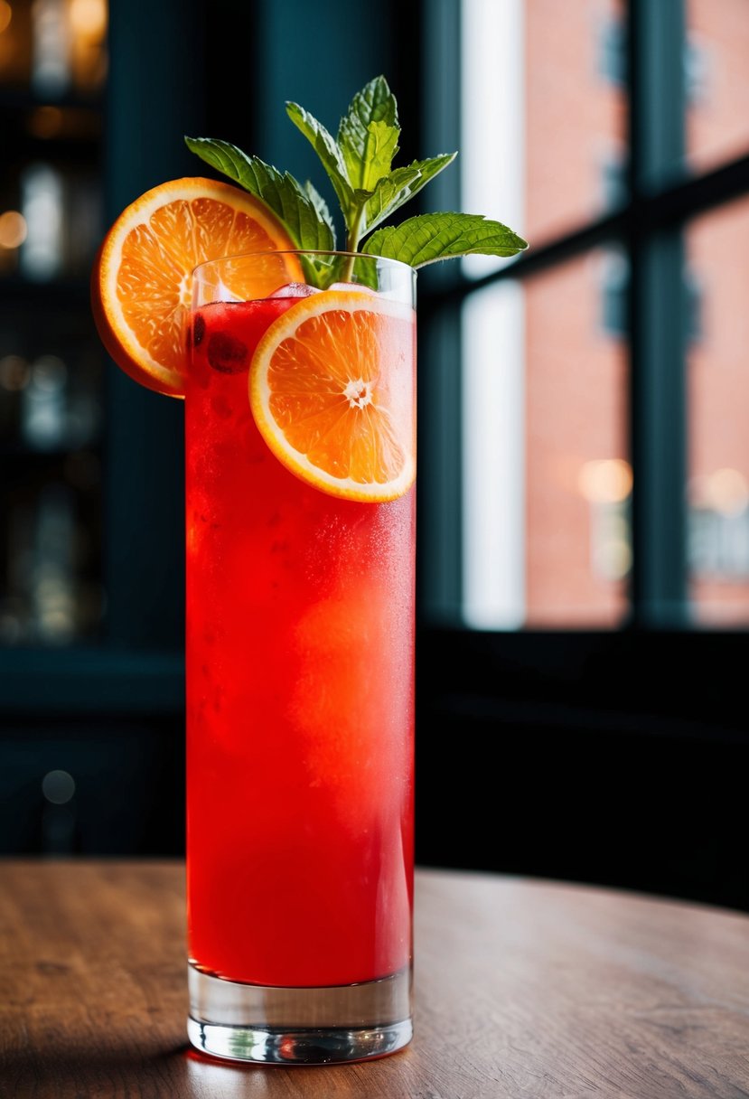 A tall glass filled with a vibrant red drink, garnished with a slice of orange and a sprig of mint, sitting on a wooden table