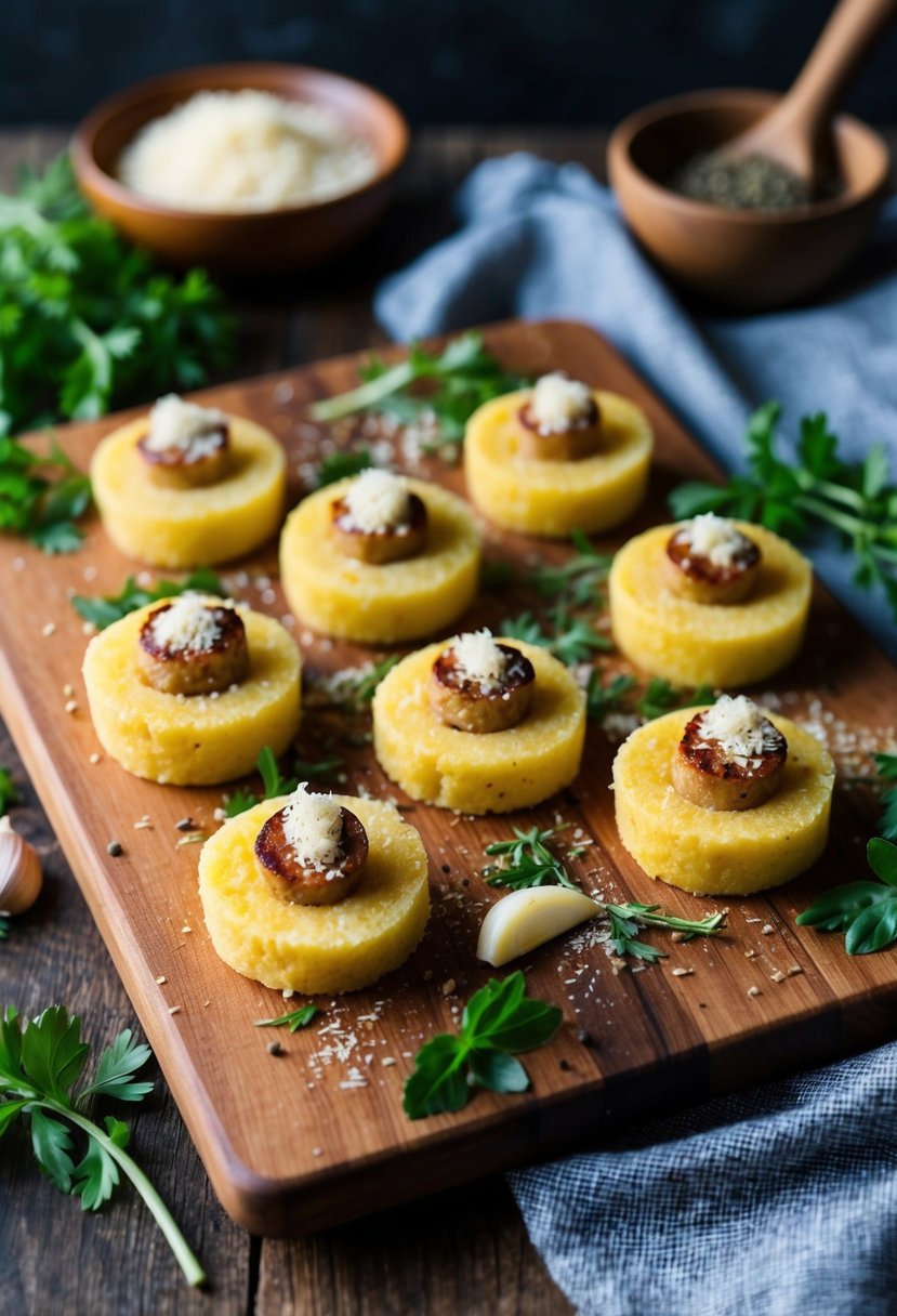 A rustic wooden cutting board with sliced polenta sausage bites topped with garlic and parmesan, surrounded by fresh herbs and spices