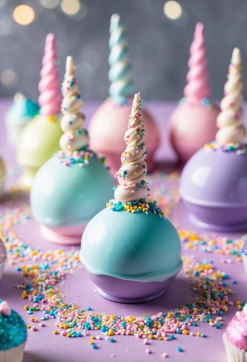 A table adorned with pastel-colored unicorn cake pops surrounded by sprinkles and edible glitter