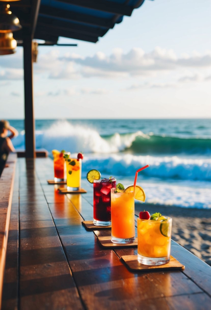 A beach bar with colorful drinks on a wooden counter, overlooking the ocean with waves crashing in the background