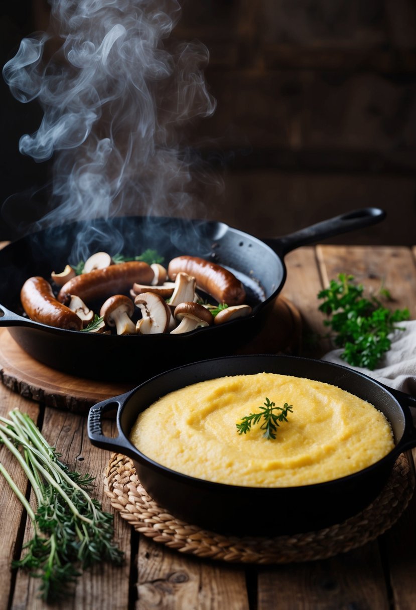 A rustic kitchen scene with a steaming skillet of sausage and wild mushrooms next to a creamy baked polenta in a cast iron dish