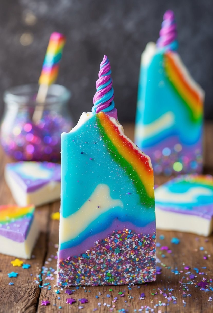 A colorful unicorn bark with glitter and rainbow swirls