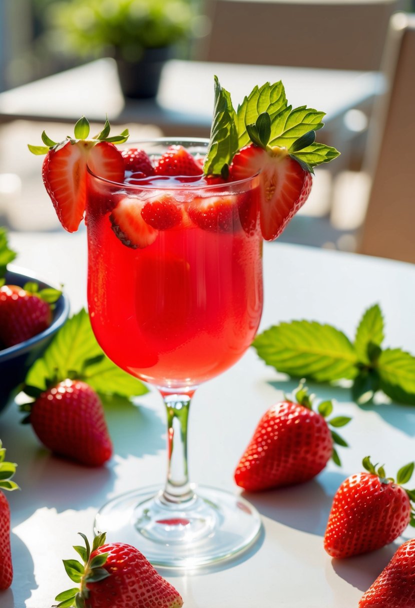 A glass filled with a vibrant red drink, surrounded by fresh strawberries and mint leaves, sitting on a sunlit patio table