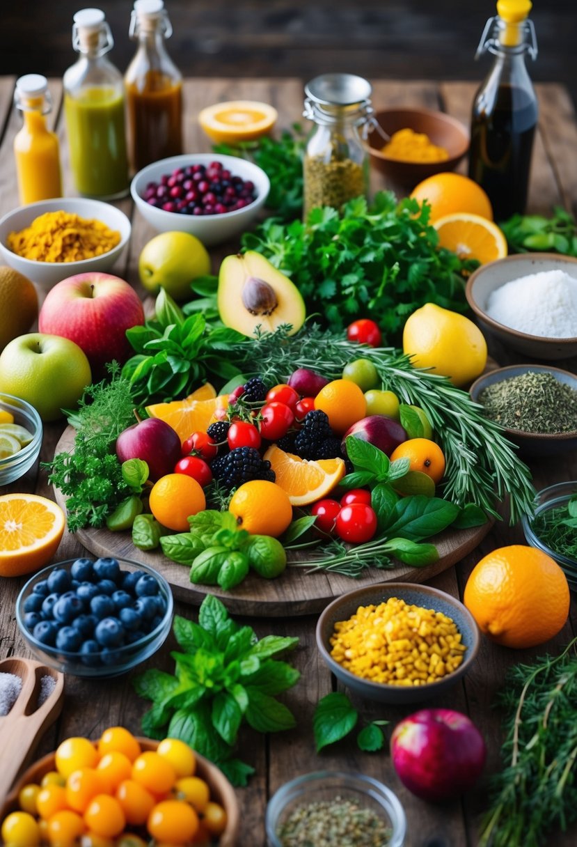 A colorful array of fresh fruits, herbs, and exotic ingredients arranged on a rustic wooden table, surrounded by glass bottles and mixing tools