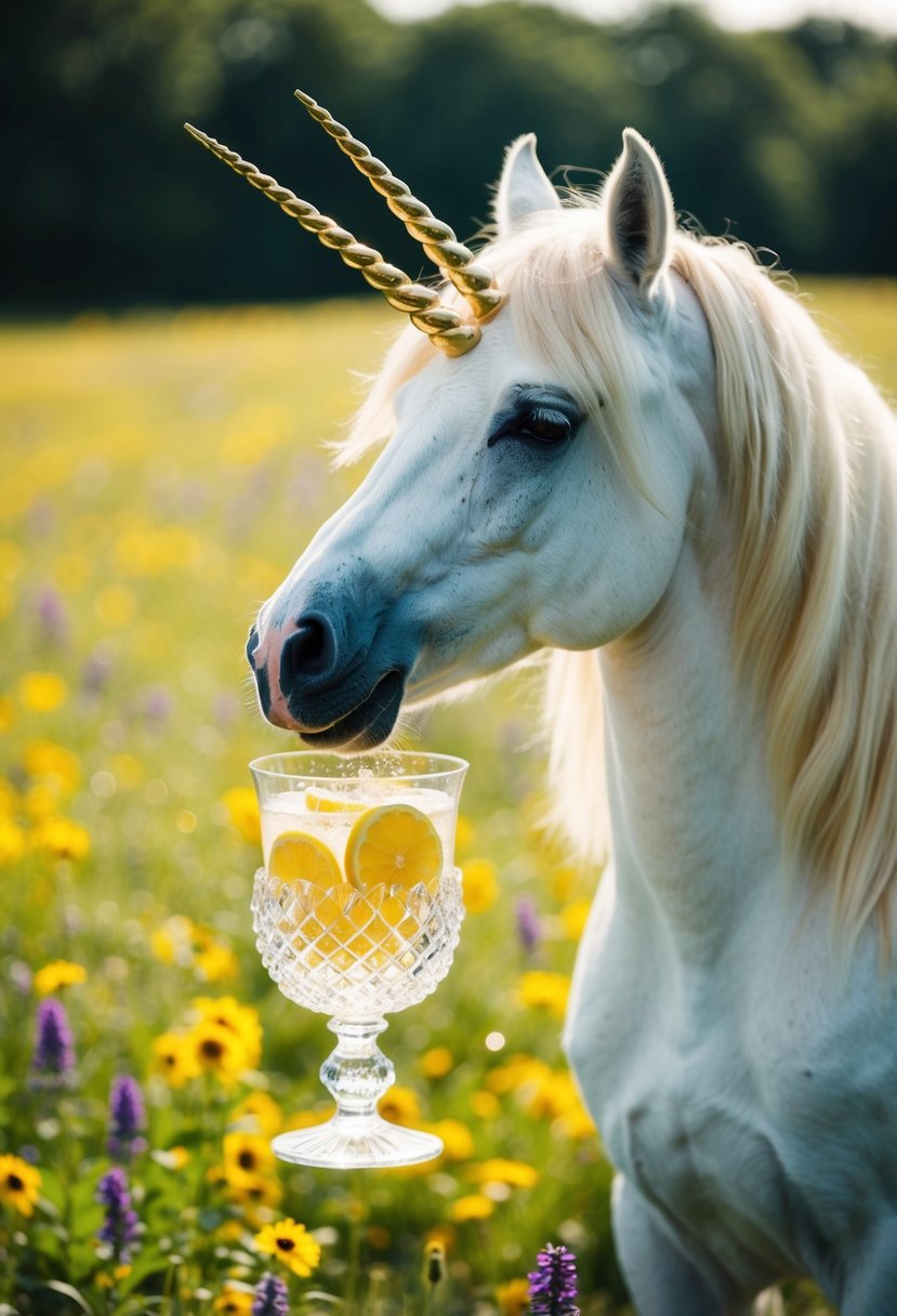 A magical unicorn sips sparkling lemonade from a crystal goblet in a sun-drenched meadow