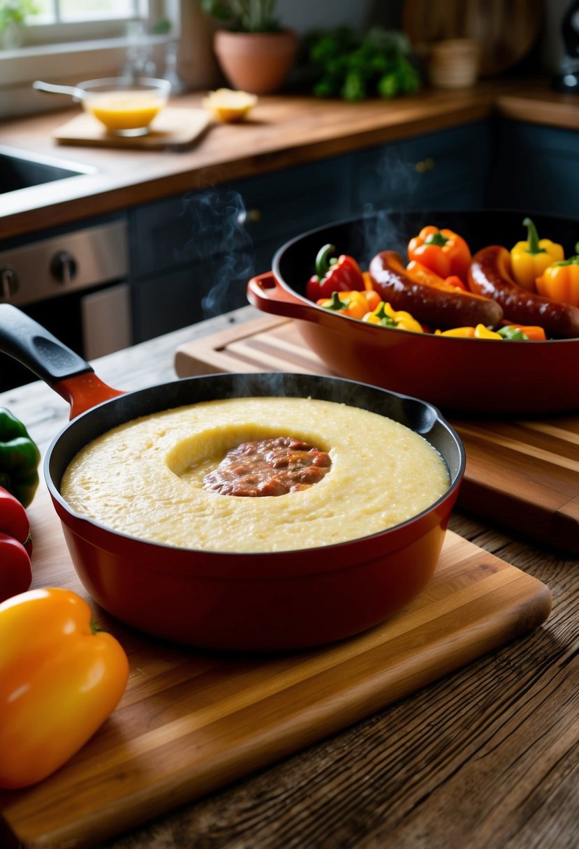 A rustic kitchen scene with a pot of creamy polenta, a skillet of sizzling sausage, and a colorful array of bell peppers on a wooden cutting board