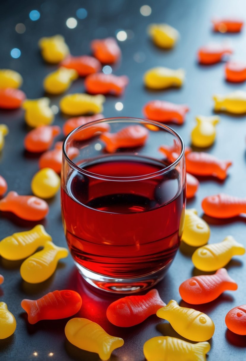 A glass filled with red liquid and Swedish Fish candies scattered around it