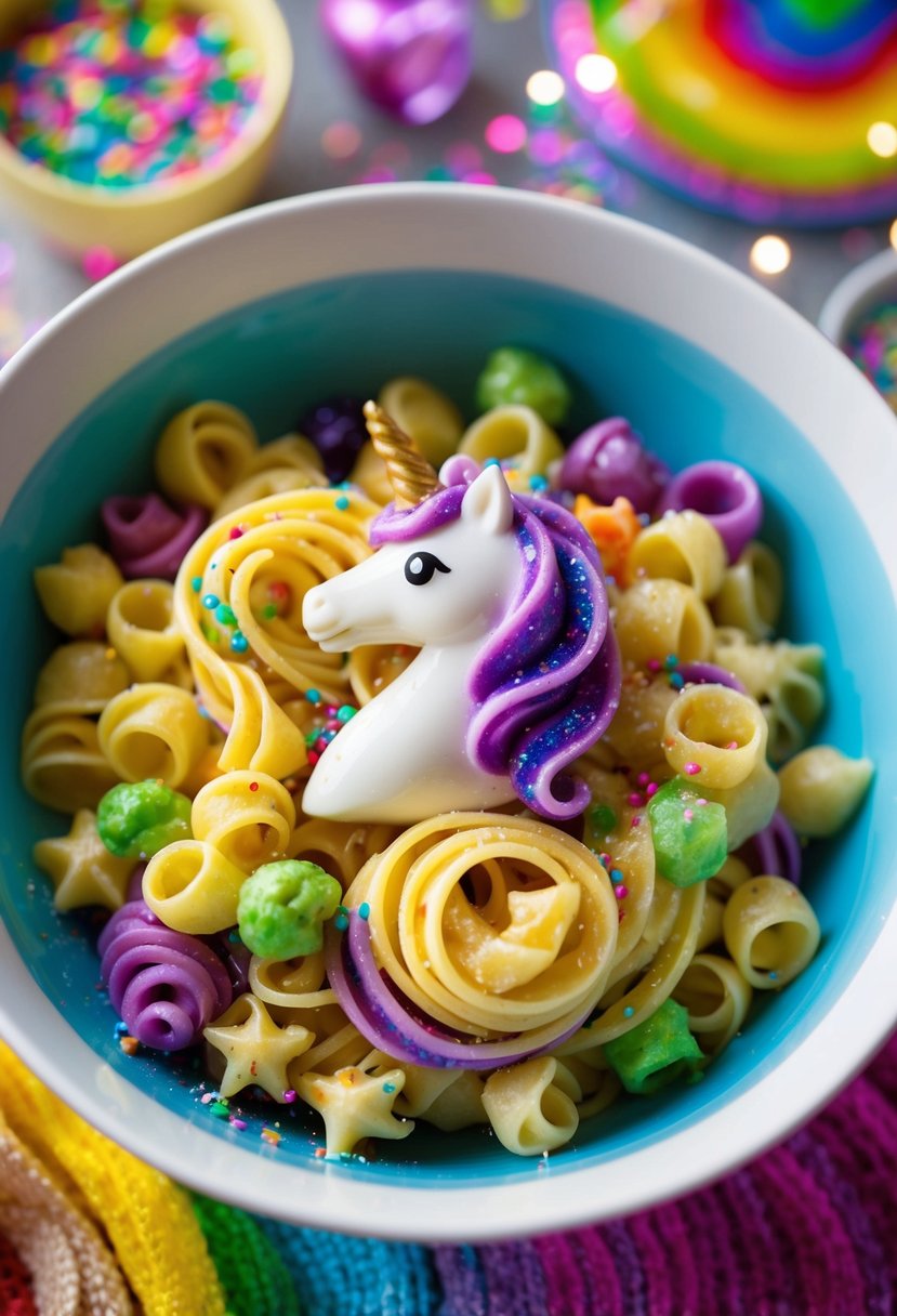 A colorful bowl of unicorn-shaped pasta with vibrant swirls and sparkles, surrounded by whimsical rainbow-colored ingredients