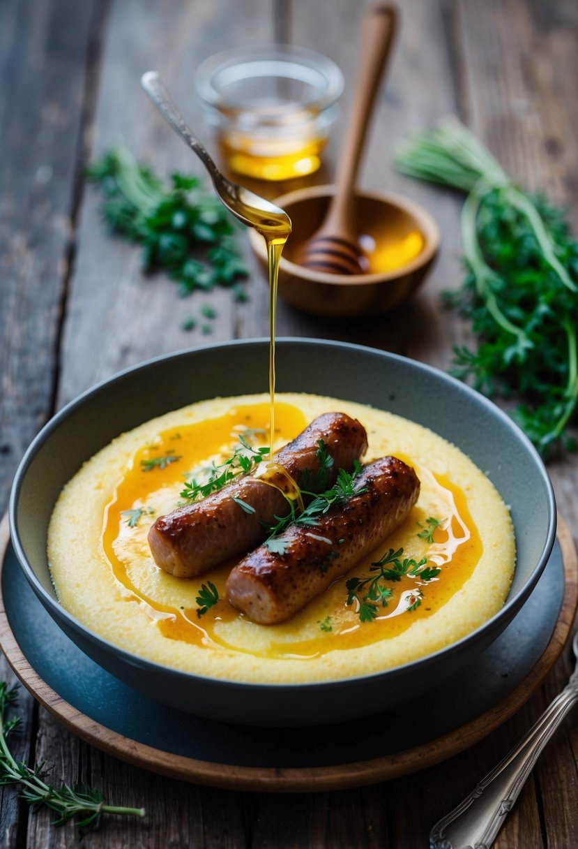 A rustic wooden table set with a steaming bowl of creamy polenta topped with sizzling sausage, fresh herbs, and a drizzle of golden honey