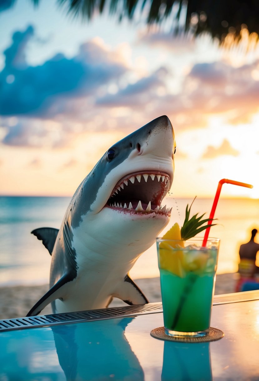 A shark attacking a tropical drink on a beach bar counter