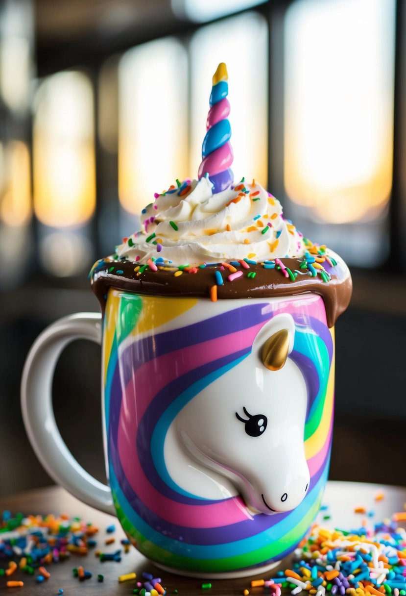 A magical unicorn-shaped mug overflows with vibrant, swirling hot chocolate topped with whipped cream and rainbow sprinkles