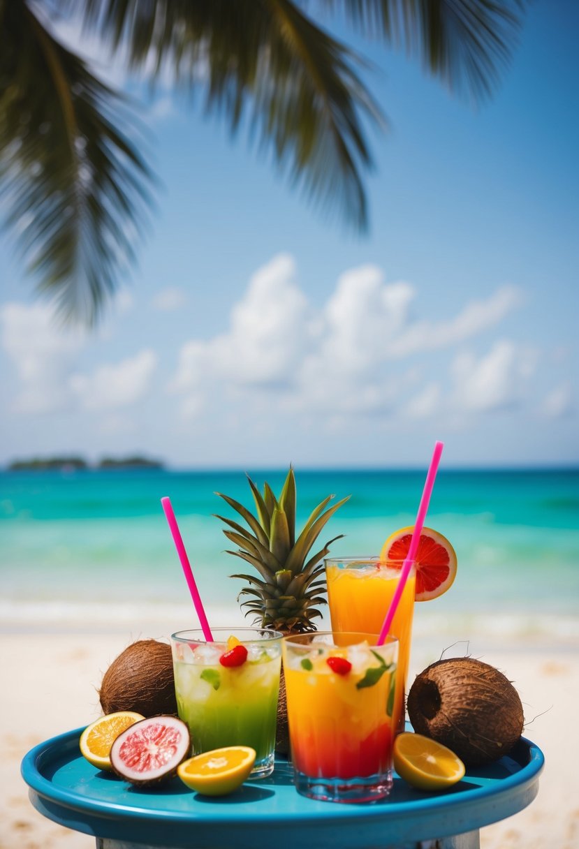 A tropical beach bar with coconuts, fruit, and colorful drinks