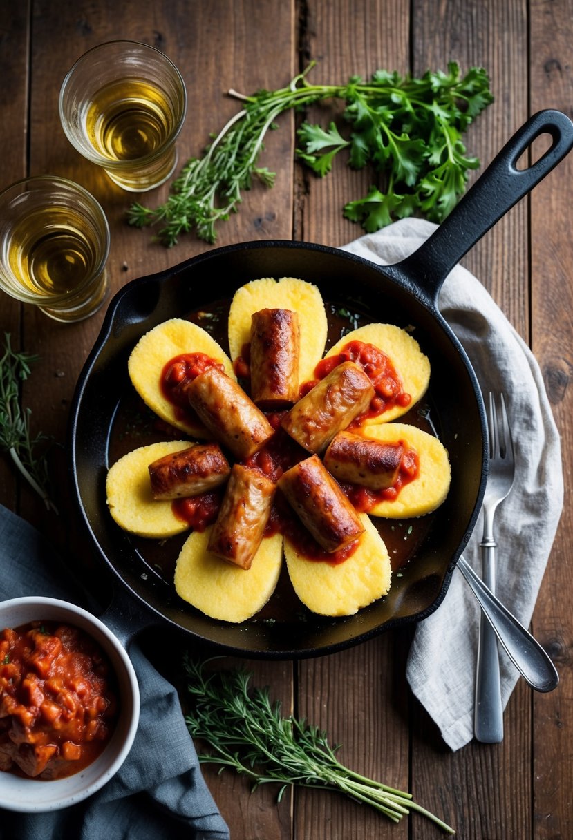 A sizzling skillet holds golden-brown polenta slices topped with savory sausage and rich marinara sauce, surrounded by fresh herbs and a rustic table setting