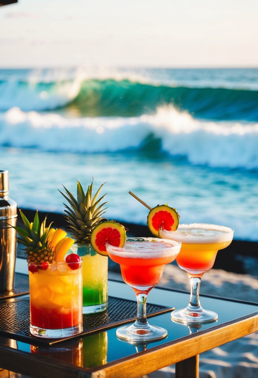 A beachside bar with colorful cocktails and tropical fruits, as waves crash in the background