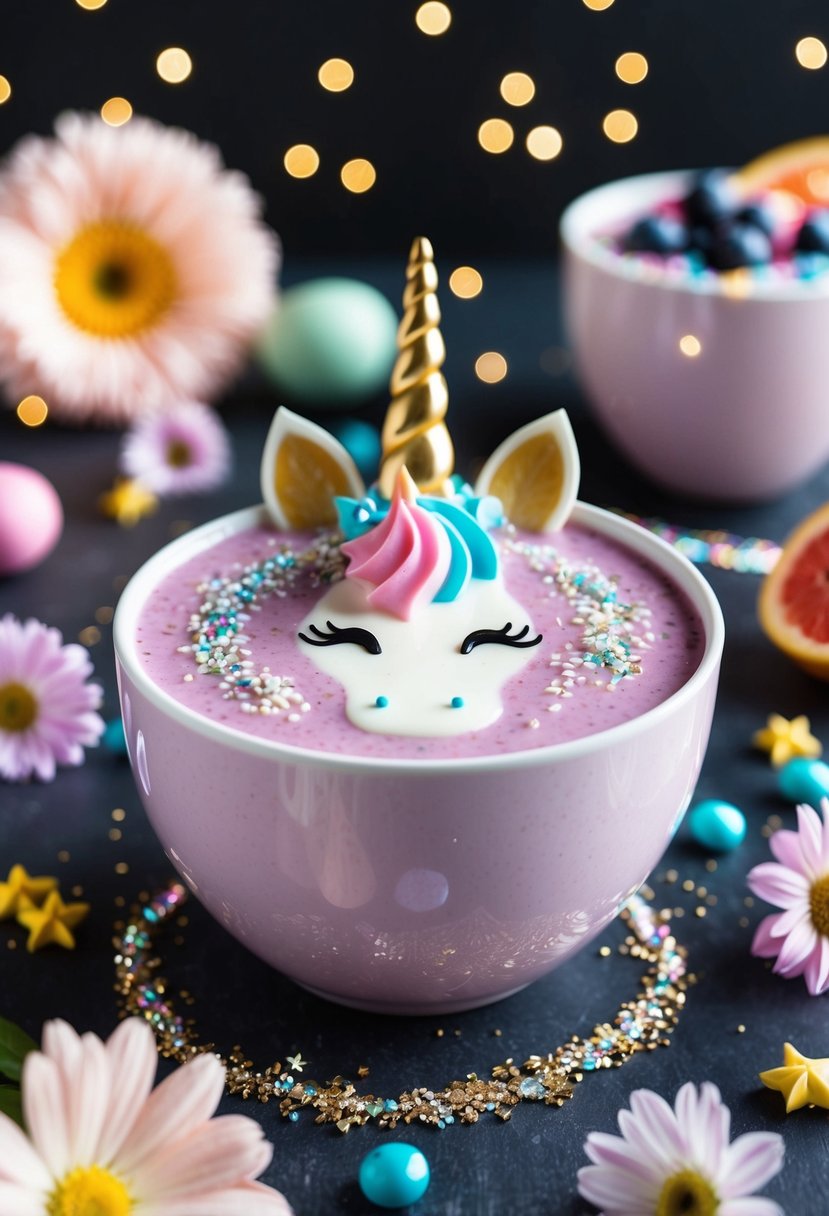 A magical unicorn smoothie bowl surrounded by sparkles and pastel-colored fruits and flowers