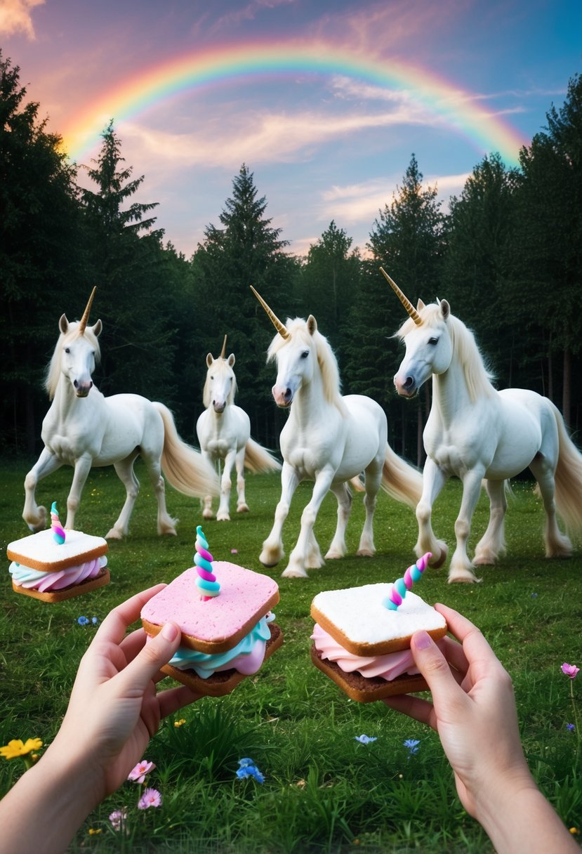 A magical forest clearing with a rainbow sky, where unicorn-shaped ice cream sandwiches are being made by a group of playful unicorns