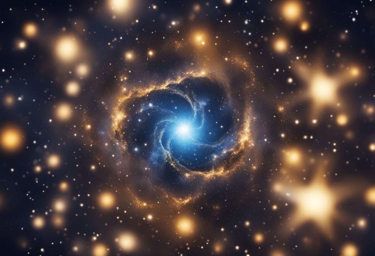 A bright, glowing star surrounded by swirling cosmic dust and gas