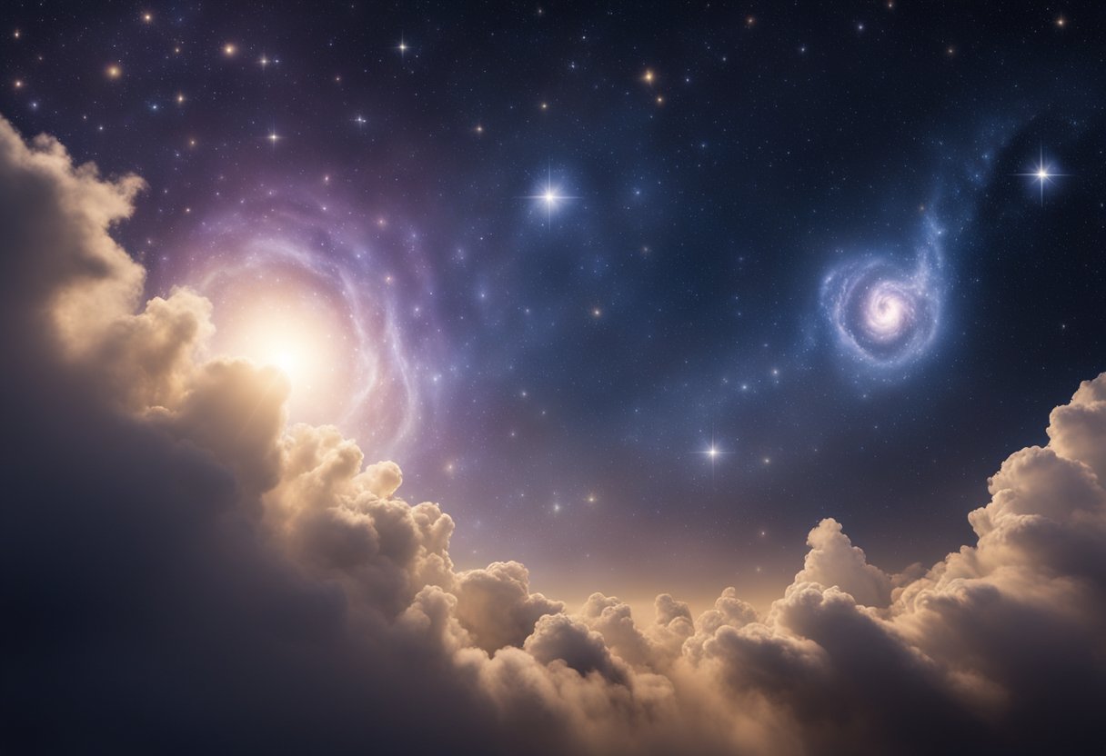 A bright star surrounded by swirling clouds of gas and dust, with smaller stars visible in the background