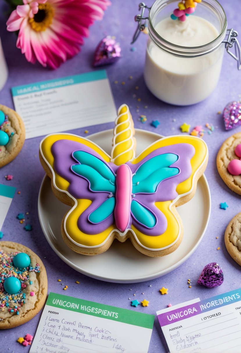 A colorful butterfly unicorn cookie surrounded by magical unicorn ingredients and recipe cards